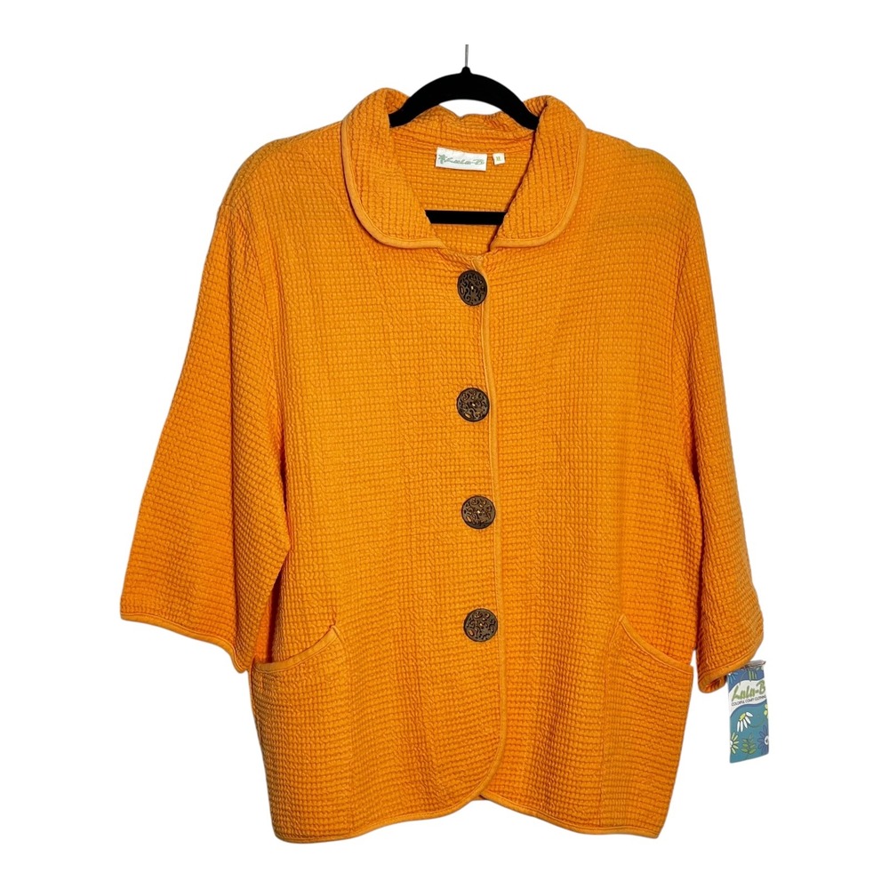 Lulu-B Orange Waffle Knit Cotton Cardigan Jacket Womens XL 3/4 Sleeve Pockets - Picture 8 of 8